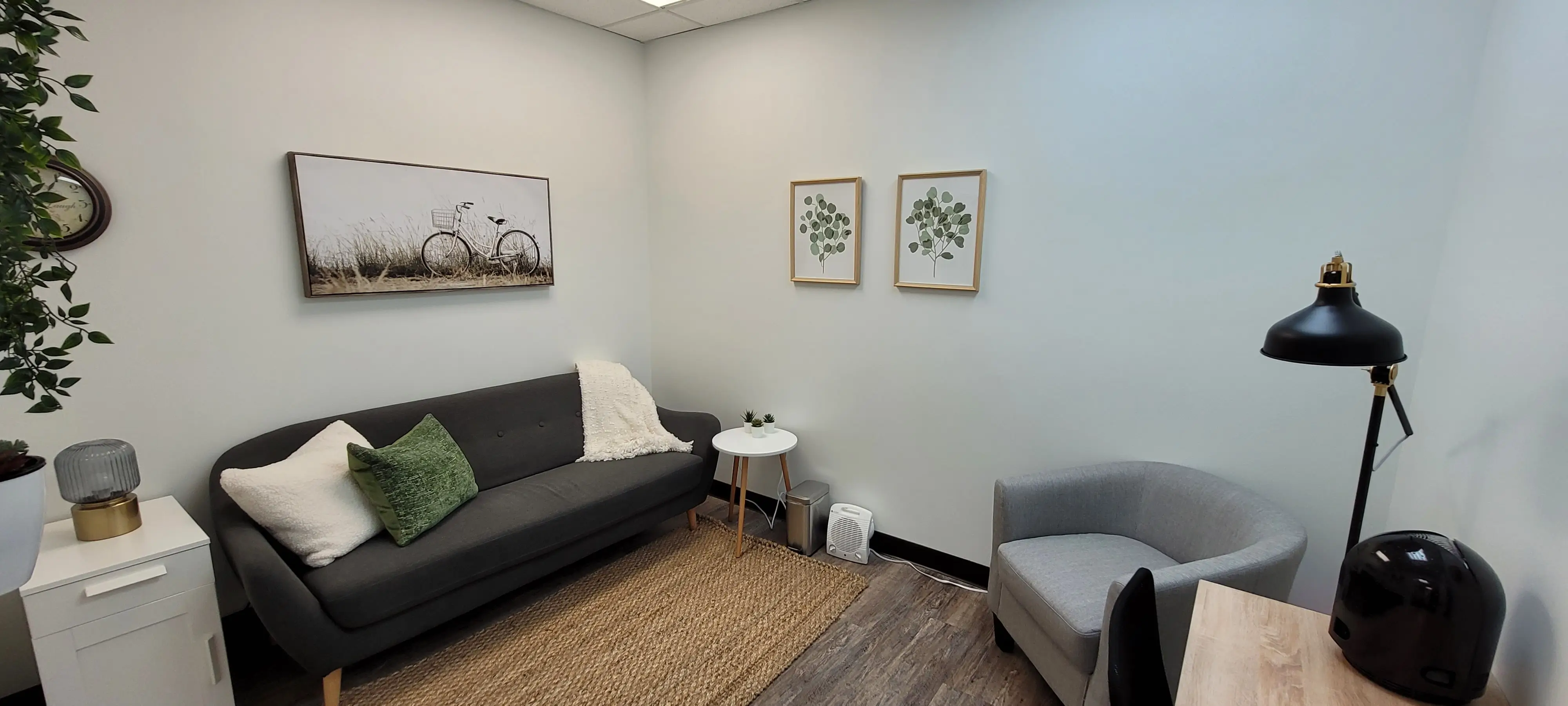 Comfortable therapy office space in NW Calgary includes modern and comfortable furniture and most have large bright windows
